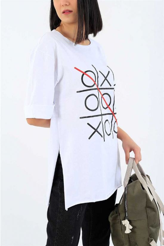 White Printed Womens T-Shirt with Side Slit - monteexpress.com